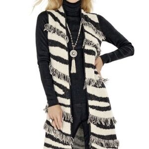 Chicos vest cardigan sweater zebra print fringe stretchy size small duster black